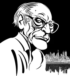 Arthur Miller, amerikansk dramatiker (1915-2005); svart-hvitt karikatur